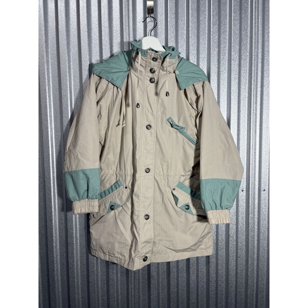 Vintage Current Scene Windbreaker Jacket Small Cream Mint Green Hood Snap Coat